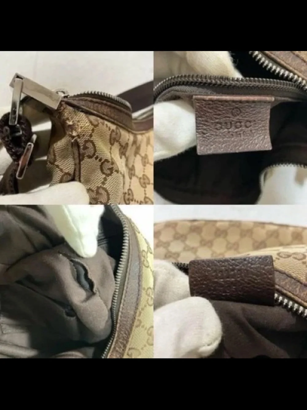 Gucci Brown Beige GG Canvas Hobo with Black Strap